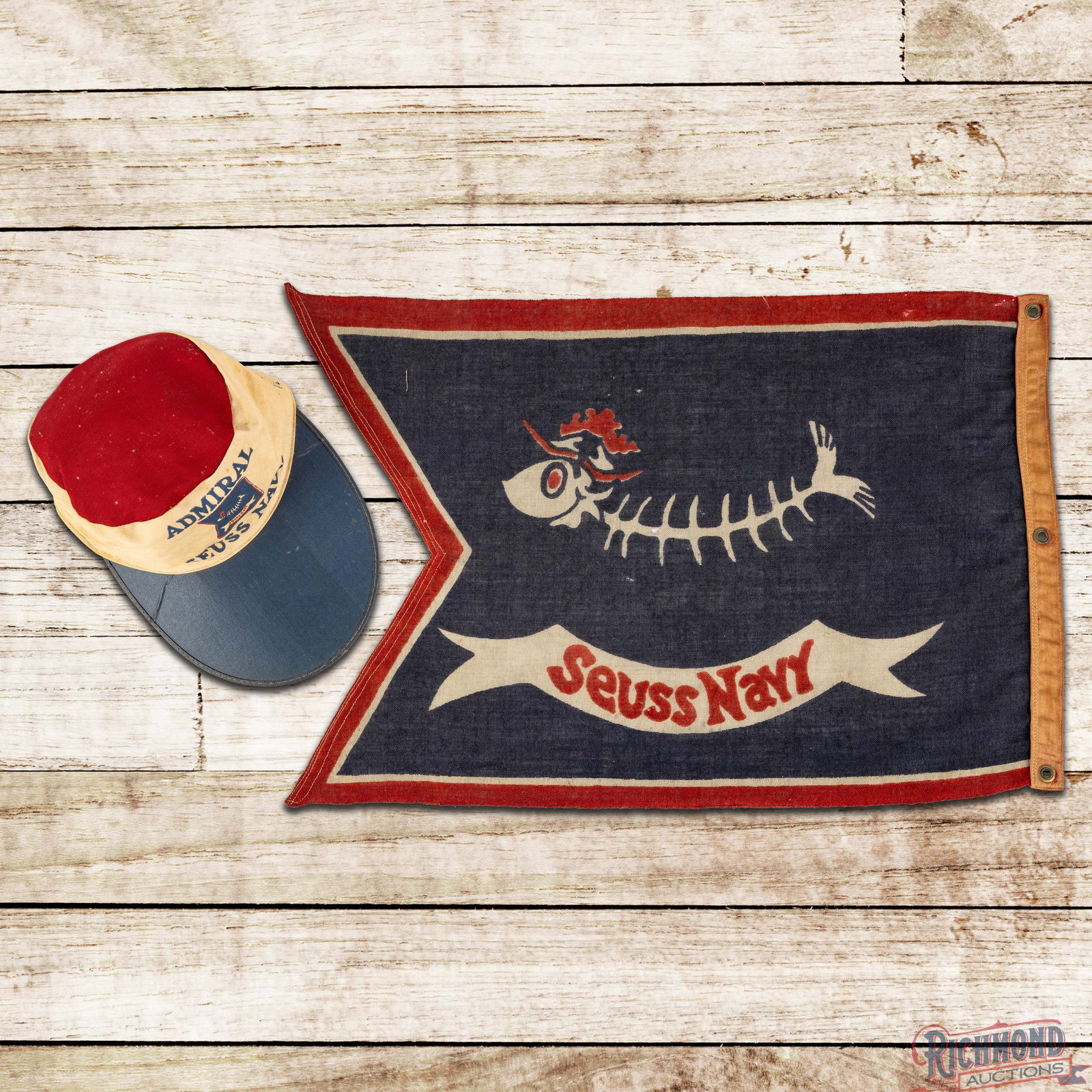 Rare Dr. Seuss Esso Marine Motor Oils Admiral Seuss Navy Advertising Flag Hat & Humble Tiger Patch (1 of 4)