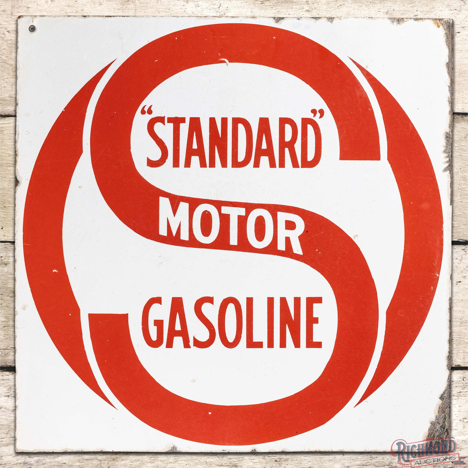 Standard Motor Gasoline 24" Double Sided Porcelain Flange Sign w/ Logo: Large sized DSP (Double Sided Porcelain) flange has good color and gloss. Side #1 has areas of surface wear, small chips and crazing in the fields. The perimeter has chipping along the outer edges. Th