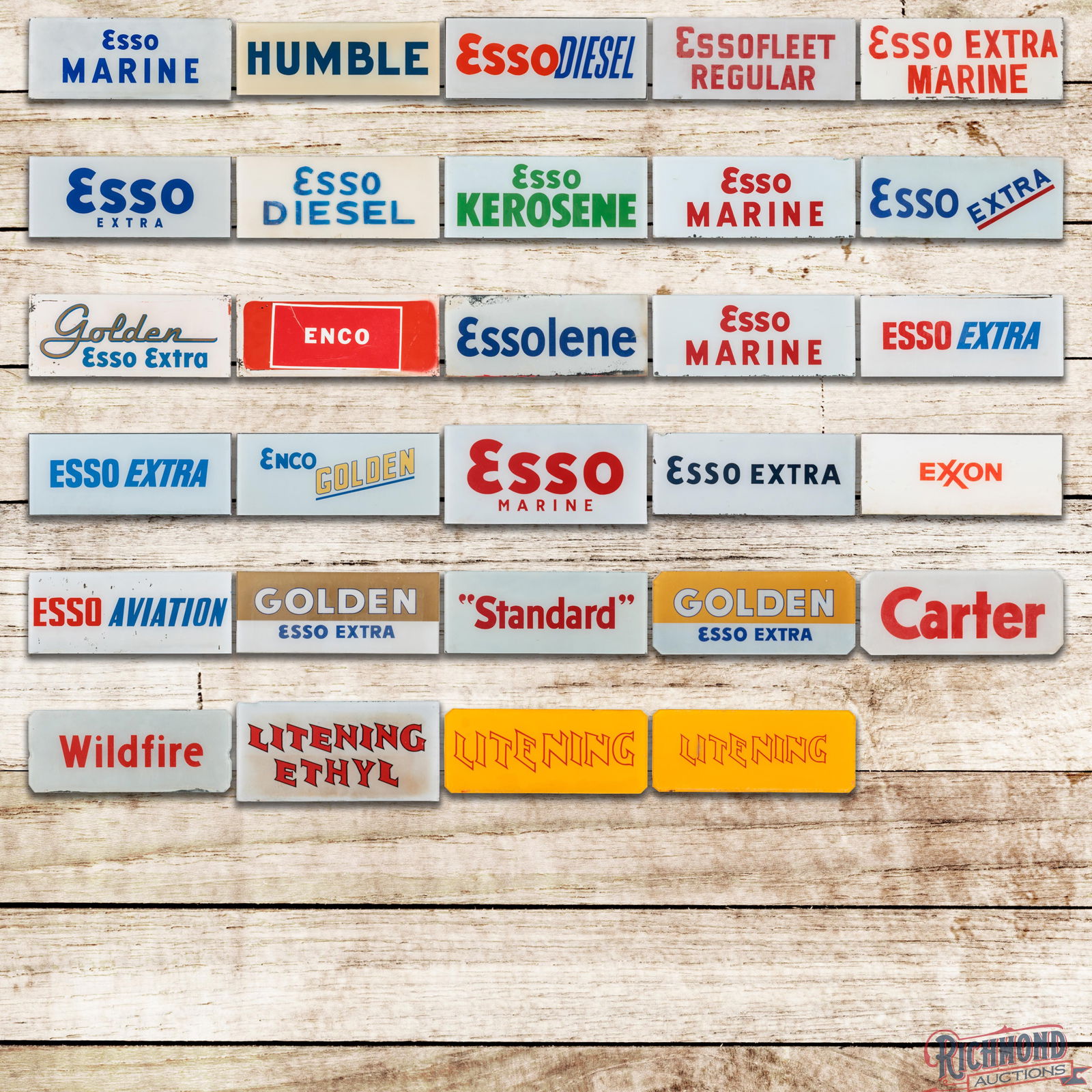 Scarce Lot of 29 Gas Pump Advertising Glass Signs Litening Wildfire Esso Marine Aviation Standard (1 of 20)