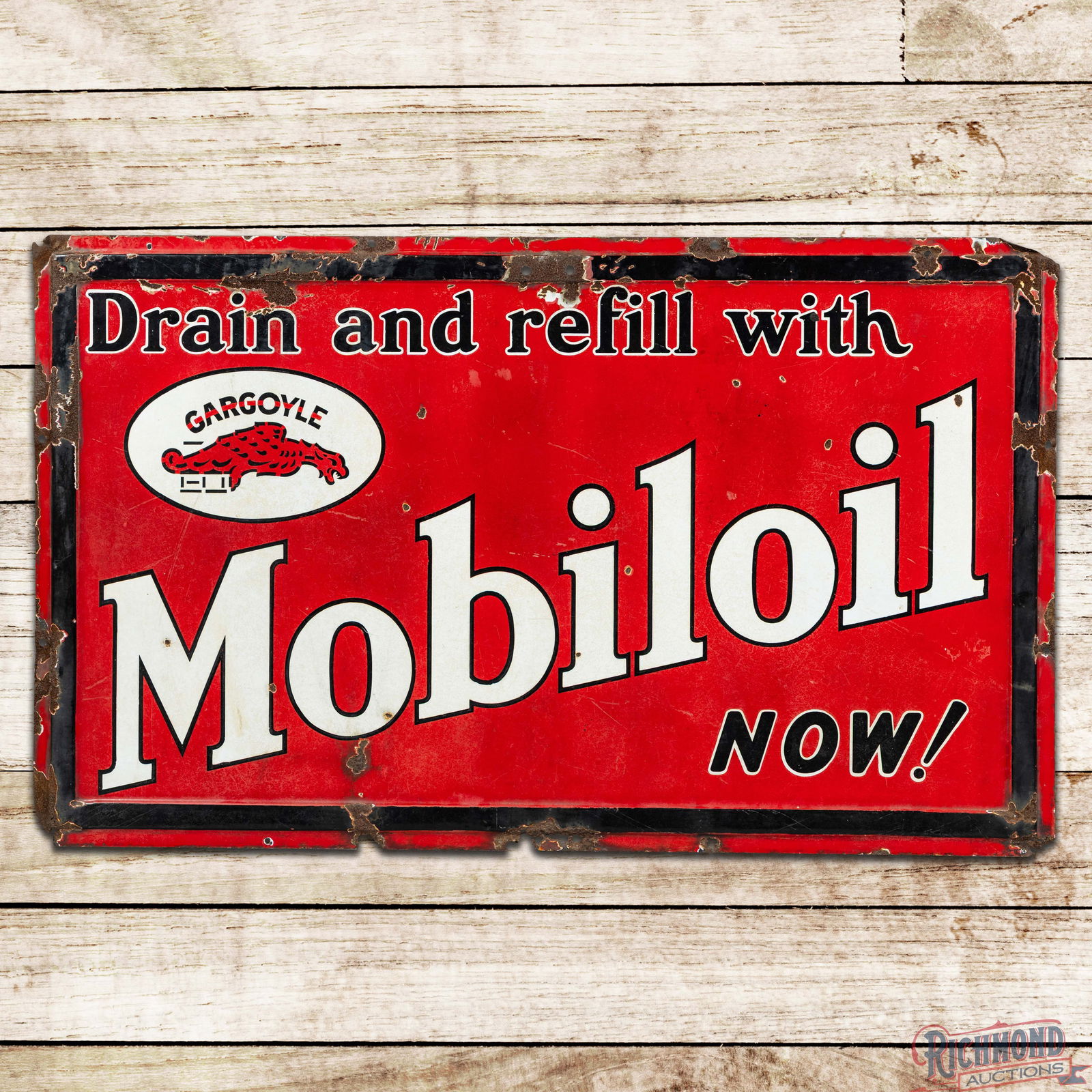 Drain and Refill with Gargoyle Mobiloil Now! 5' Single Sided Porcelain Sign w/ Logo (1 of 3)