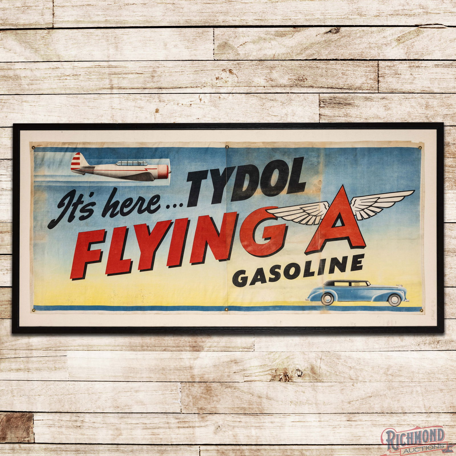 It's Here Tydol Flying A Gasoline Cloth Advertising Banner Sign w/ Plane & Automobile (1 of 3)