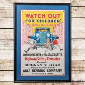 Watch Out for Children! Highway Safety Campaign Massachusetts Gulf Refining Co. Framed Banner Sign