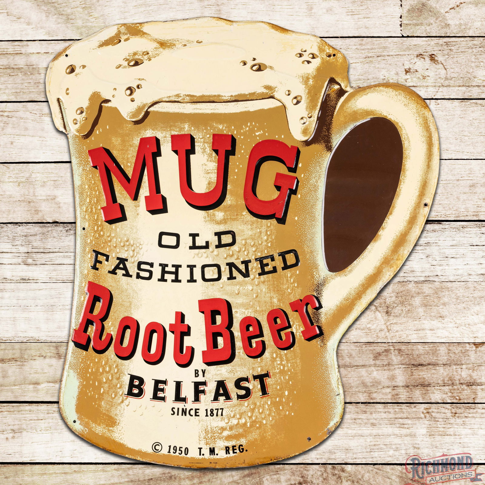 Mug Old Fashioned Root Beer Die Cut Emb. Single Sided Tin Sign: SST (Single Sided Tin) die cut embossed sign has excellent color and shine. The field has light wear with fine scratches which are mainly at the "G" in Mug. The perimeter has areas of oxidation, minor