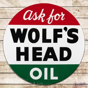 1959 Ask for Wolf's Head Motor Oil 36" Double Sided Tin Sign