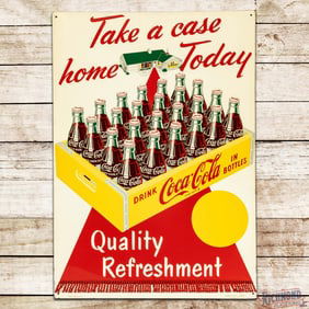 Coca Cola "Take a Case Home Today - Quality Refreshment" Single Sided Tin Sign w/ Bottles