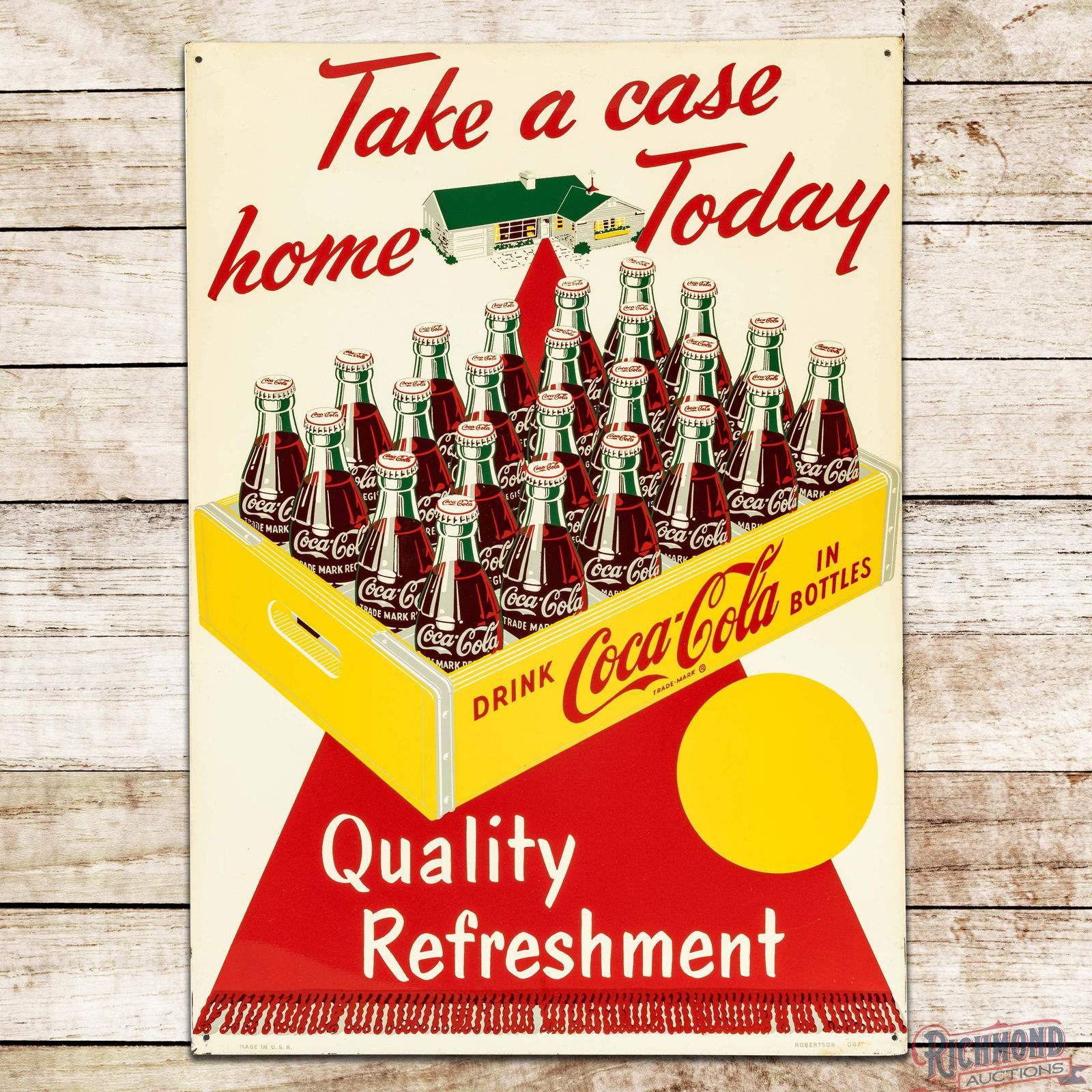 Coca Cola "Take a Case Home Today - Quality Refreshment" Single Sided Tin Sign w/ Bottles (1 of 3)