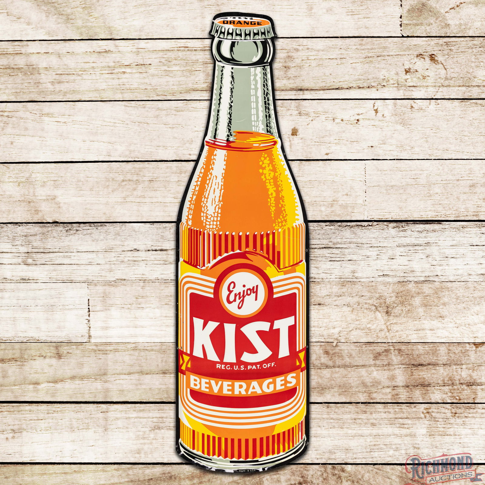 Enjoy Kist Beverages Emb. Single Sided Tin Die Cut Bottle Sign: SST (Single Sided Tin) die cut embossed sign has excellent color and shine. The field exhibits light wear with minor bends on the neck of the bottle and fine scratches in the outer fields. The perimet