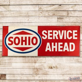 Large Sohio Gasoline Service Ahead 10' Single Sided Tin Billboard Sign w/ Logo
