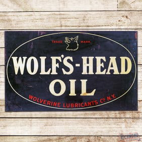 Rare Wolf's Head Oil Wolverine Lubricants Co. Double Sided Tin Flange Sign