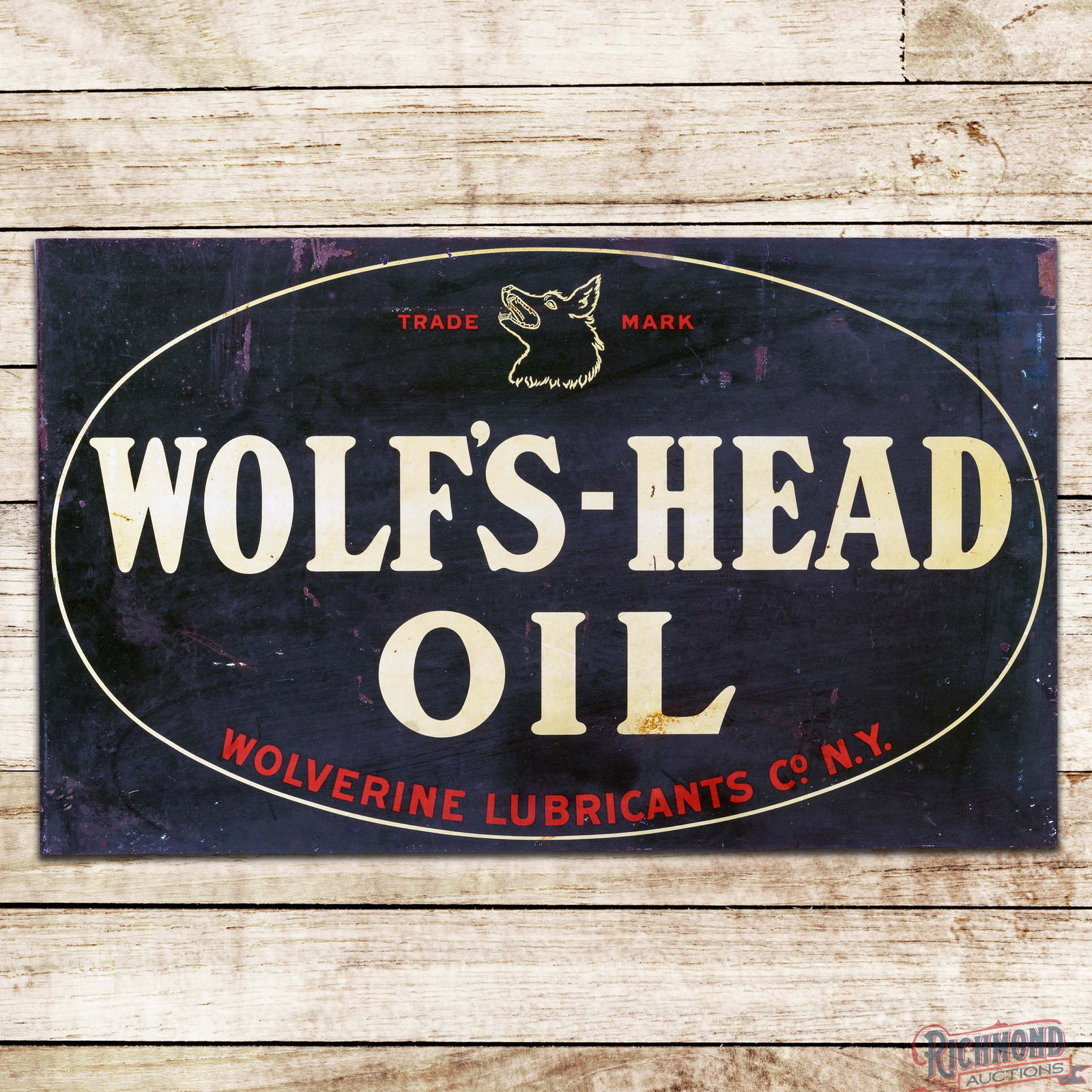 Rare Wolf's Head Oil Wolverine Lubricants Co. Double Sided Tin Flange Sign: DST (Double Sided Tin) flange has good color and shine. Side #1 has fine scratches with paint chips and areas of discoloration in the lower lettering. The lower left field and perimeter have small are
