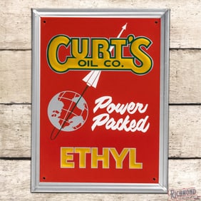 Excellent Curt's Oil Co. Power Packed Ethyl Gasoline Emb. Single Sided Tin Pump Plate Sign