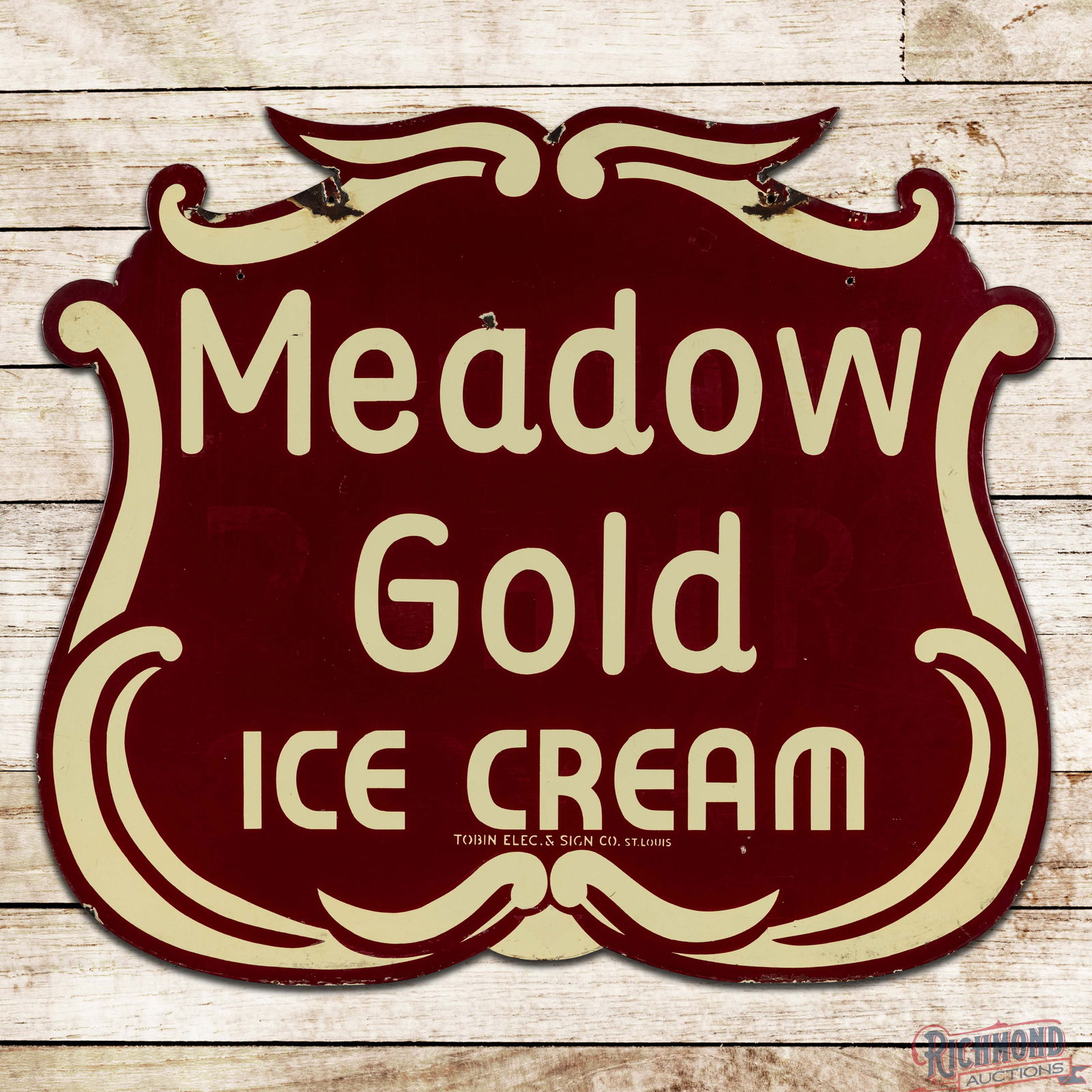 Meadow Gold Ice Cream 42" Die Cut Double Sided Porcelain Shield Sign: DSP (Double Sided Porcelain) die cut sign has very good color and gloss. Side #1 has light surface wear with small chips and areas of ghost traces of lettering where the sign was painted over at some