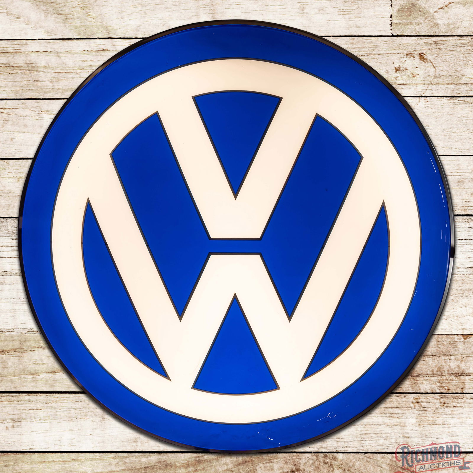VW Volkswagen 5' Domed Lighted Logo Sign: Single sided domed internally lighted plastic sign has excellent color and lights as it should. The display exhibits light wear with scuffs and marks which are primarily in the outer fields and