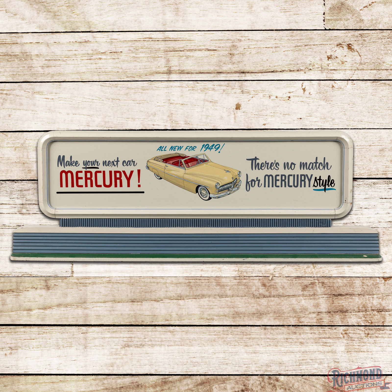Rare Mercury All New for 1949 Wooden Auto Dealer Showroom Advertising Display Sign: Single sided multipiece wooden dealer display sign has outstanding color. The sign features a colorful graphic of a 1949 Mercury Convertible with a self-framed perimeter and a detailed base. The