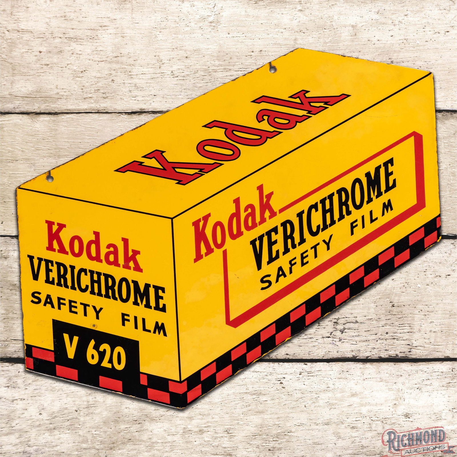 Kodak Verichrome Camera Safety Film Die Cut Double Sided Porcelain Sign: DSP (Double Sided Porcelain) die cut sign has very good color and gloss. The display has a clean field with areas of cloudiness in the outer fields. The perimeter has small chips and light wear along
