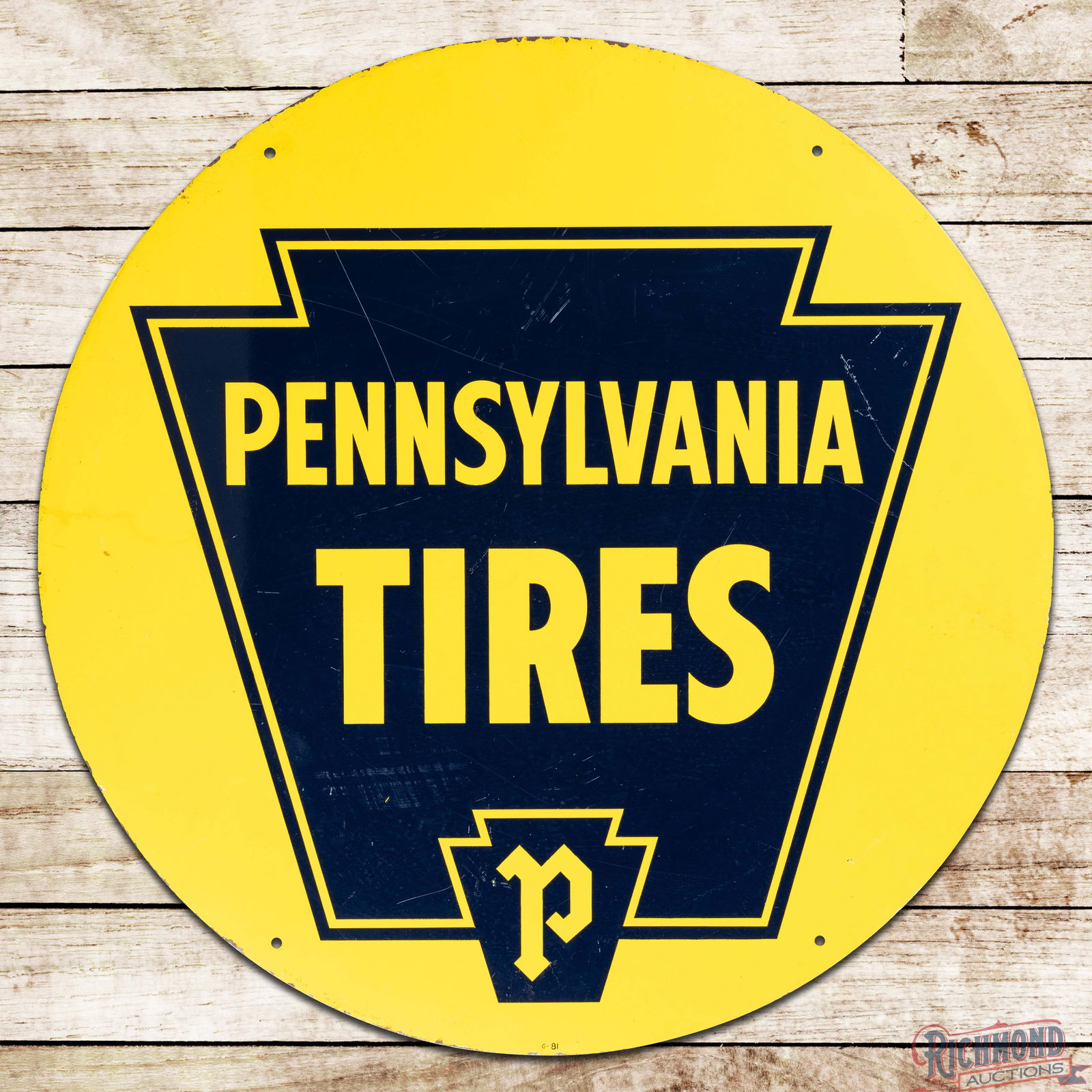 Pennsylvania Tires 30" Double Sided Tin Sign w/ Keystone Logo: DST (Double Sided Tin) sign has excellent color and shine. Side #1 has light wear in the fields with fine scratches and marks. The perimeter has similar wear with paint chips along the outer edges.