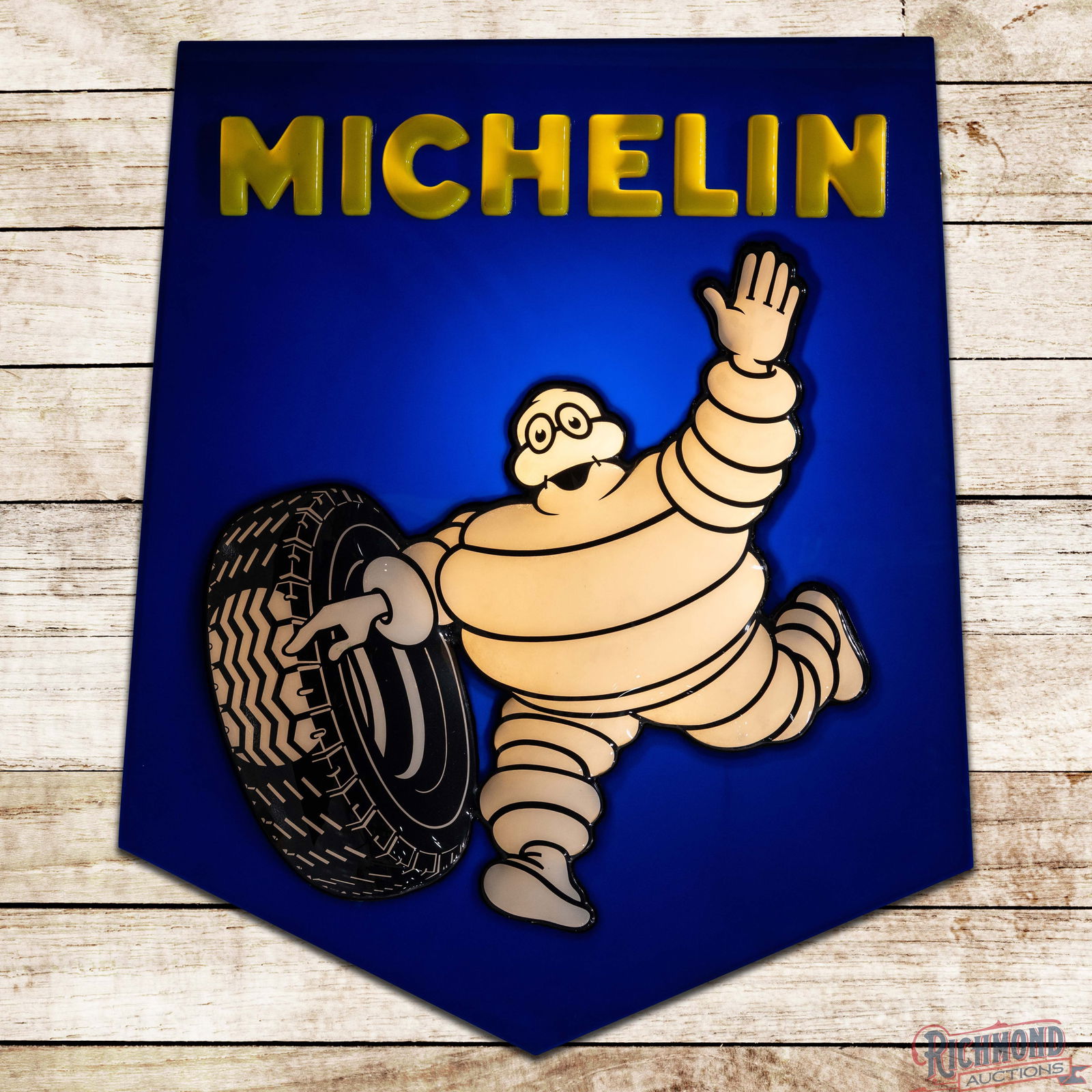 Michelin Tires DS Emb. Plastic Lighted Sign w/ Bibendum: Double sided embossed plastic internally lighted sign with a plastic can has excellent color. The internal lights work as they should. Side #1 has light wear and fine scratches in the field. The