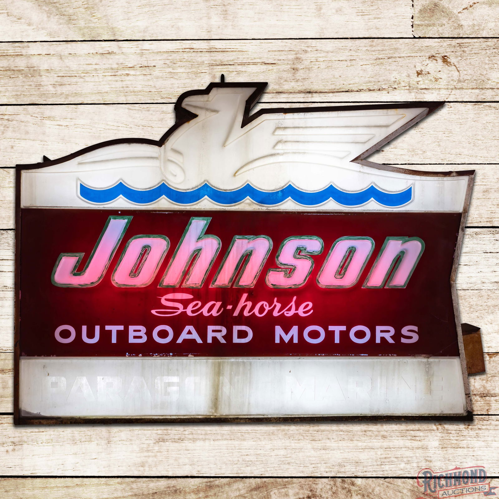 Johnson Sea Horse Outboard Motors 5.5' DS Emb. Plastic Lighted Sign: Double sided embossed plastic sign with the factory metal can has moderate color. The cord has been cut and the unit has not been tested. Side #1 has general age wear present with a repainted green
