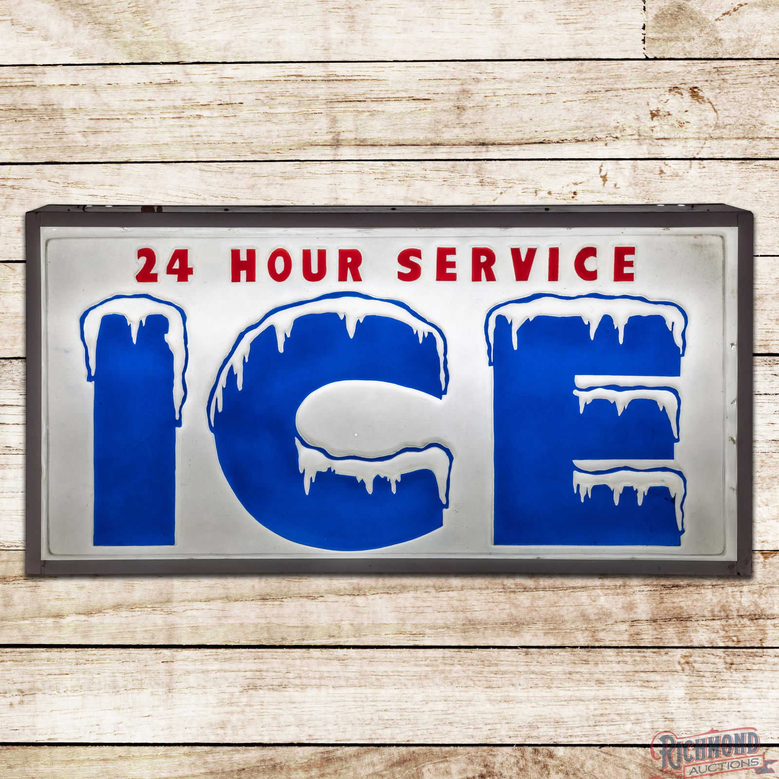 ICE 24 Hour Service DS Emb. Plastic Lighted Sign: Double sided heavily embossed, internally lighted plastic signs with the original metal can has excellent color. The sign illuminates as it should. Side #1 has areas of minor discoloration with