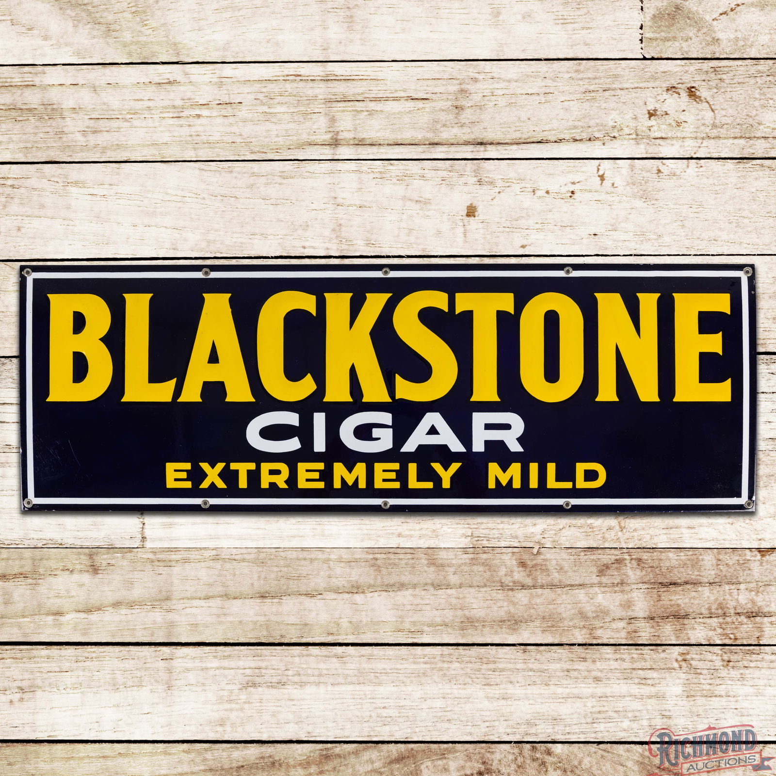 Impressive Blackstone Cigar "Extremely Mild" Emb. Single Sided Porcelain Sign: SSP (Single Sided Porcelain) embossed sign has day one color and gloss. The fields are exceptionally clean with minor surface imperfections in the outer fields. The perimeter is equally as clean with