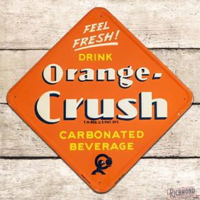 1939 Feel Fresh! Drink Orange Crush Carbonated Beverage Emb. Single Sided Tin Sign w/ Crushy