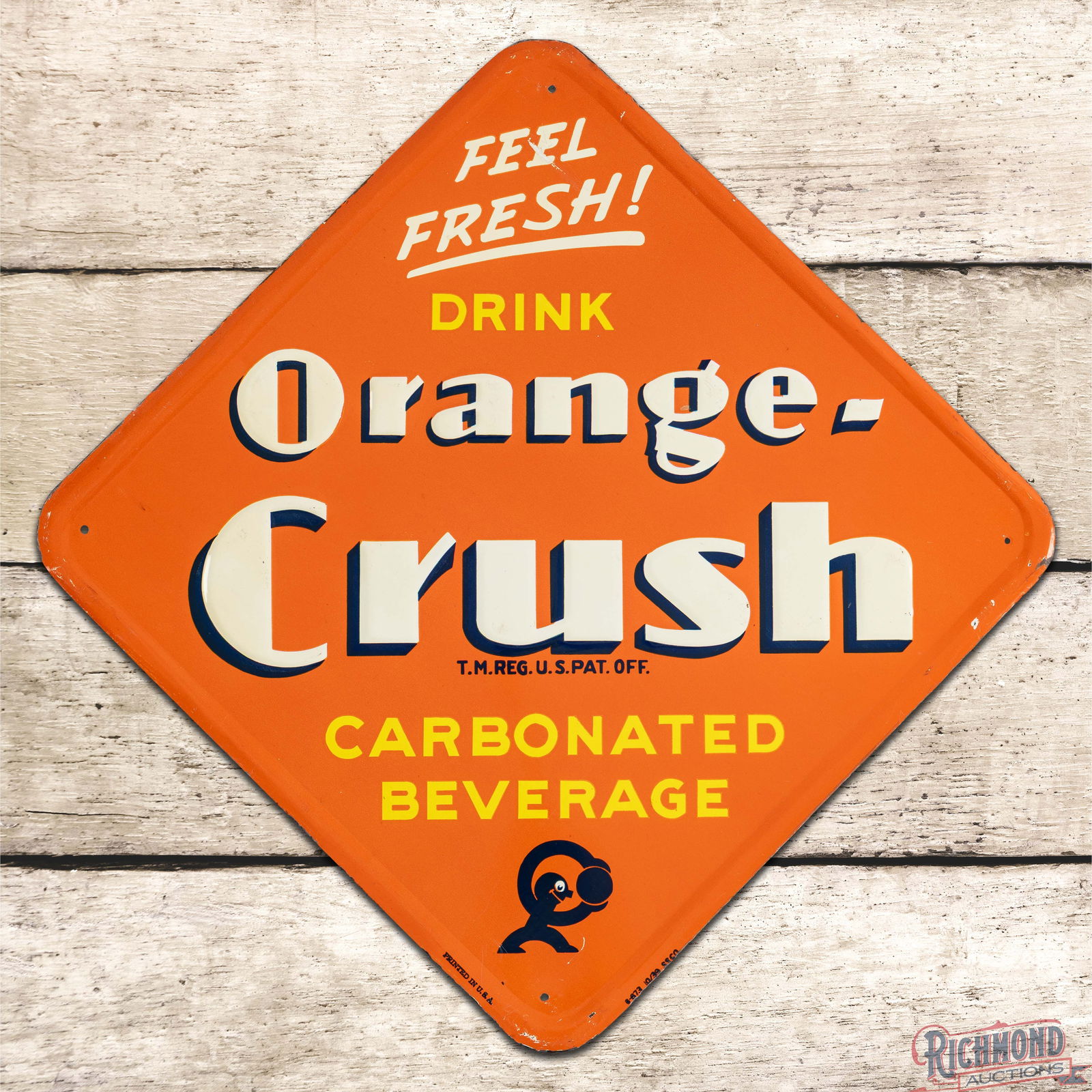 1939 Feel Fresh! Drink Orange Crush Carbonated Beverage Emb. Single Sided Tin Sign w/ Crushy: SST (Single Sided Tin) embossed self-framed sign has excellent color and shine. The field exhibits minor surface wear with fine scratches and scuffs in the outer fields. The perimeter has paint chips
