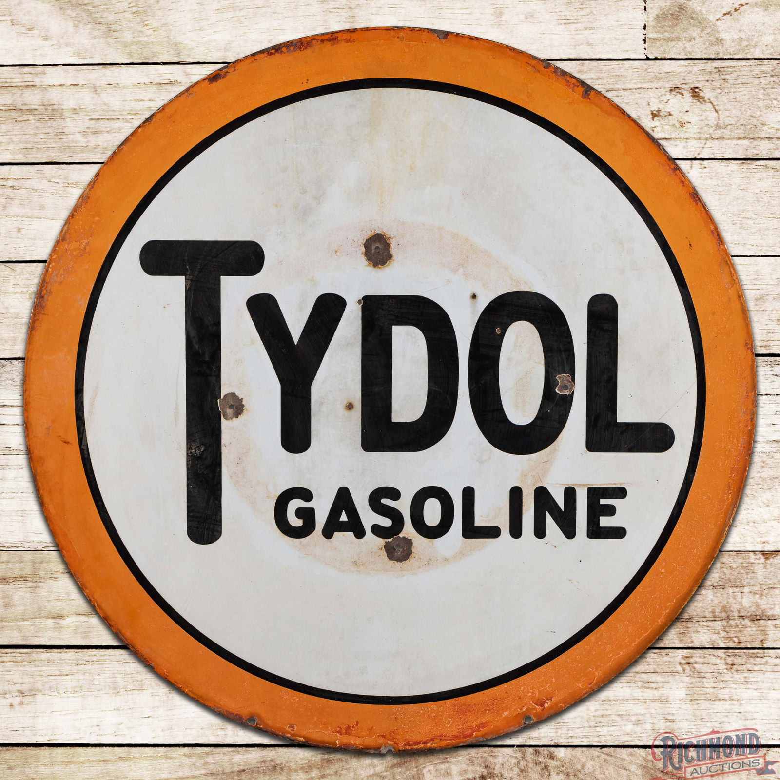 Tydol Gasoline 42" Double Sided Porcelain Sign: DSP (Double Sided Porcelain) sign has good color and moderate gloss. The display has four non-factory holes with chips and discoloration. The perimeter has errant paint along the edges. The reverse