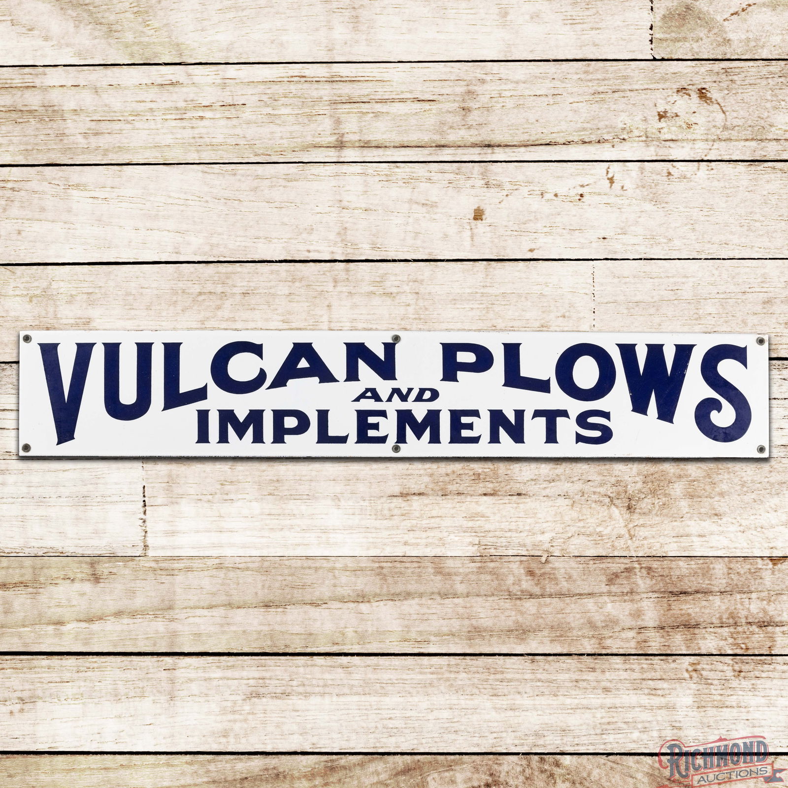 Outstanding Vulcan Plows and Implements Single Sided Porcelain Sign: SSP (Single Sided Porcelain) sign has day one color and gloss. The field is exceptionally clean with small nicks in the "W" in the right field. The perimeter has minor edge wear with a few tiny edge