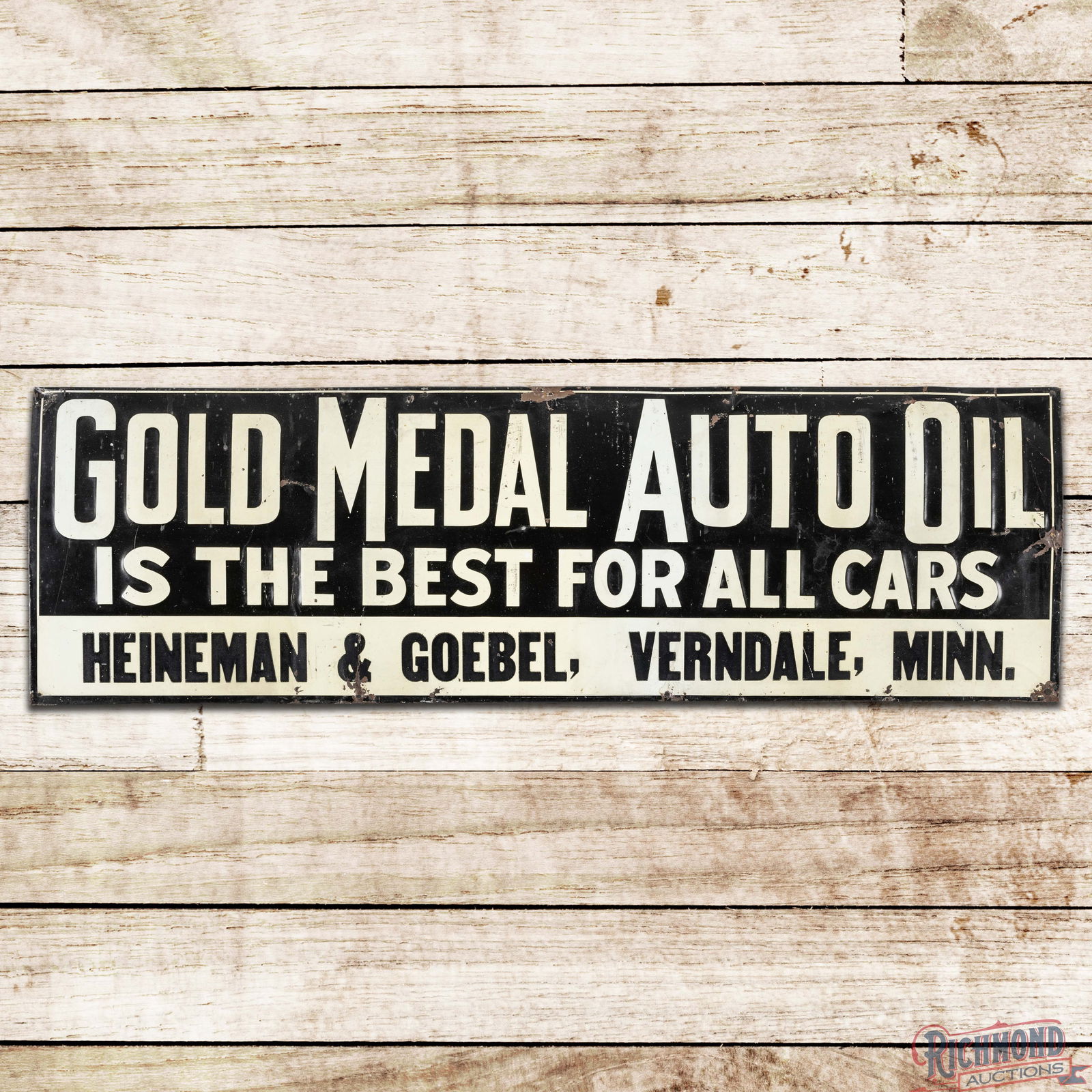 Gold Medal Auto Oils "Best for All Cars" Emb. Single Sided Tin Sign Verndale Minnesota: SST (Single Sided Tin) embossed crimped edge sign has good color and shine. The field has light wear with small areas of oxidation and paint chips. The perimeter has bends with added mounting holes