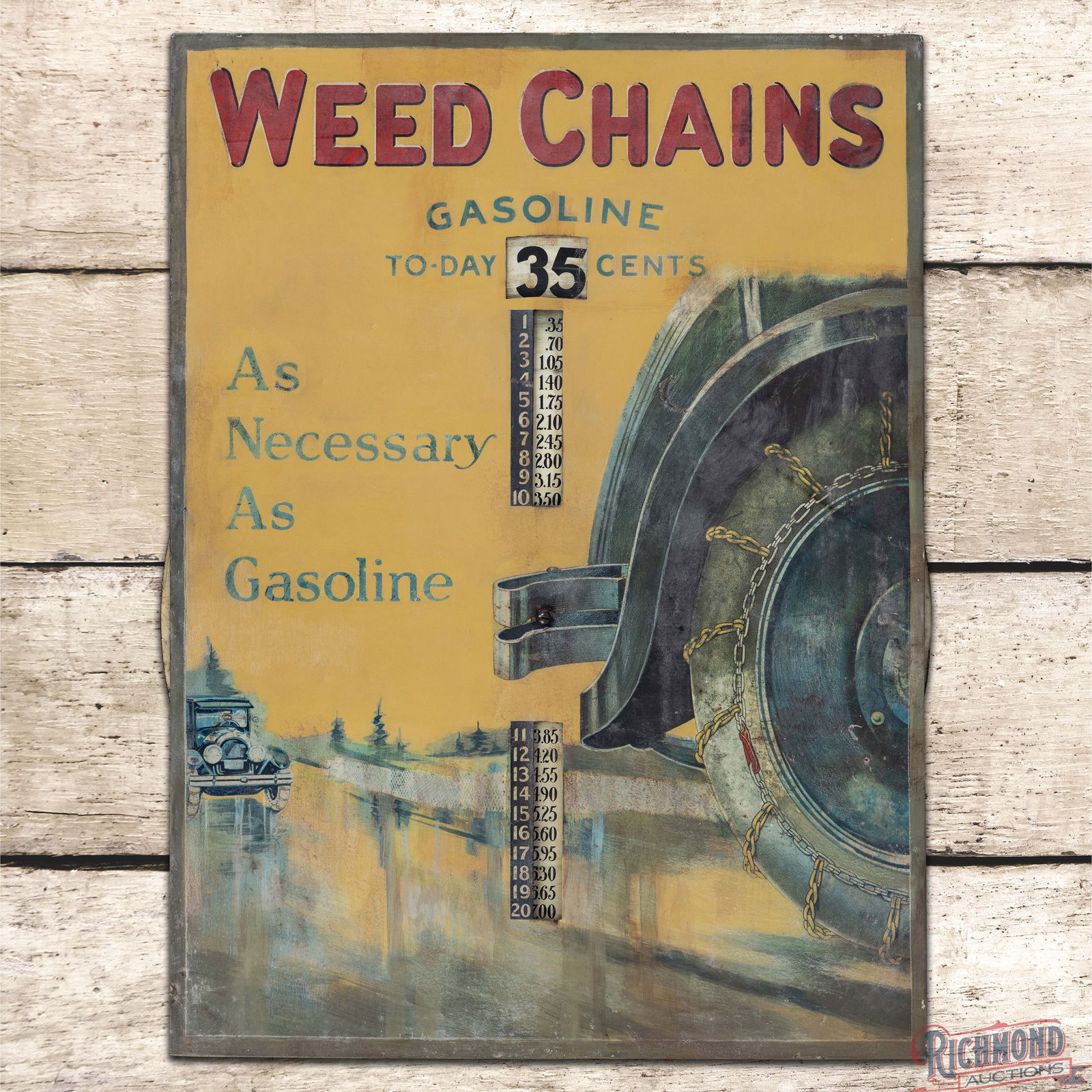Weed Chains "As Necessary as Gasoline" Single Sided Tin Pricer Sign w/ Early Car: SST (Single Sided Tin) sign with factory wooden support and metal pricer wheel has good color and shine. The sign presents with numerous areas of color match in the fields and perimeter. The sign