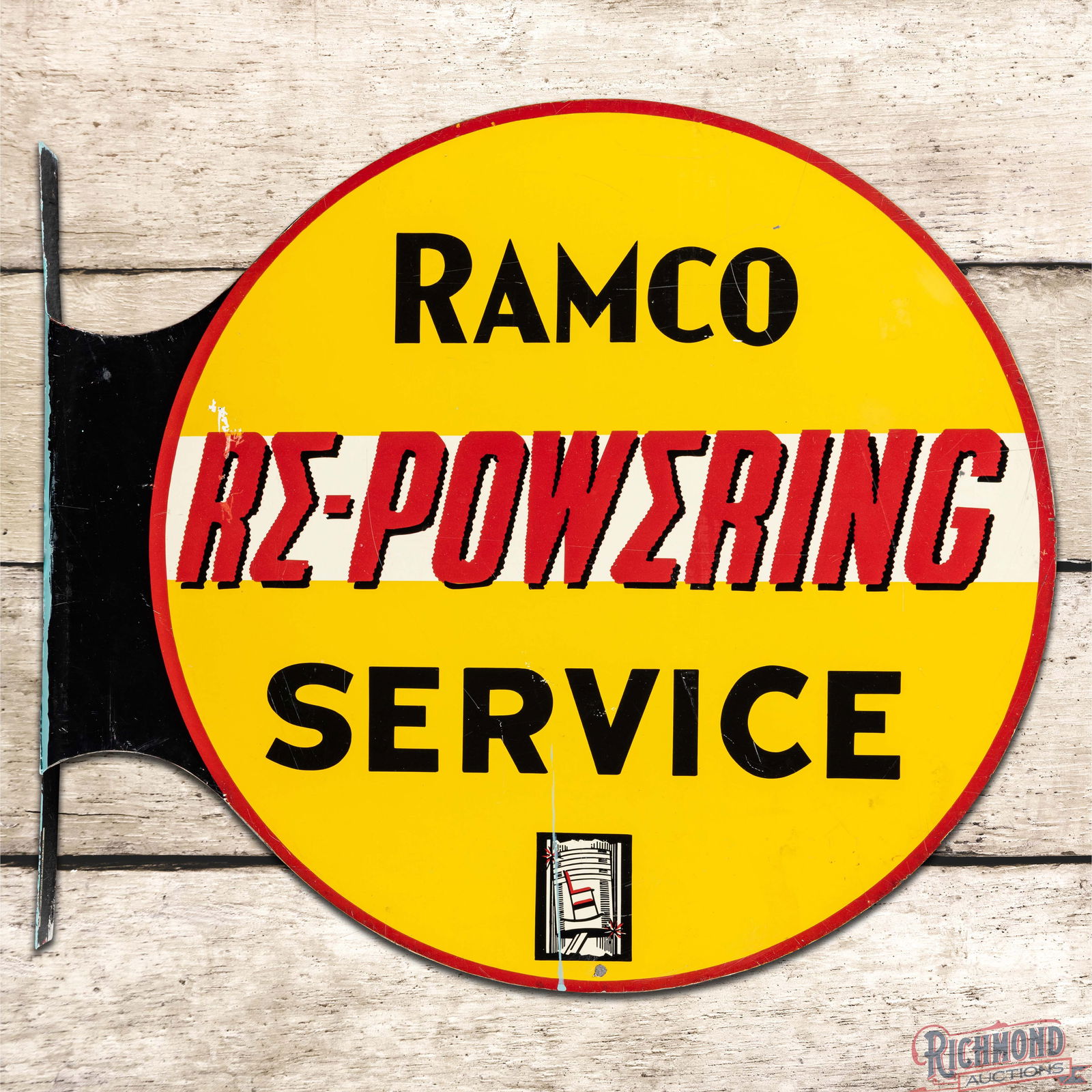 Ramco Piston Rings Re-Powering Service Double Sided Tin Flange Sign: DST (Double Sided Tin) die cut flange has excellent color and shine. Side #1 has fine scratches with light wear and small paint chips in the fields. The perimeter has an added hole at 6 o'clock with