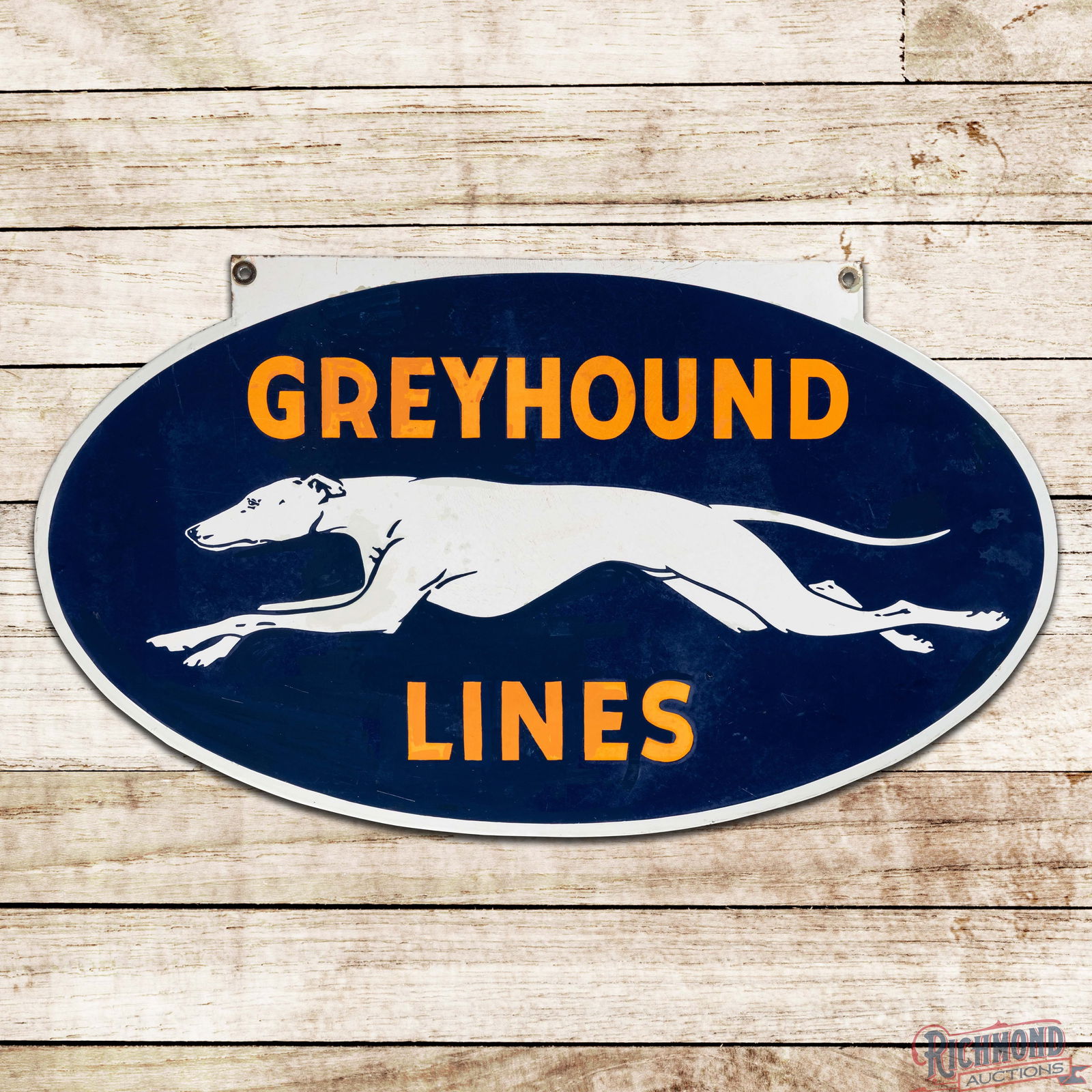 Greyhound Lines 3' Double Sided Porcelain Die Cut Sign w/ Dog: DSP (Double Sided Porcelain) sign has good color and gloss. Side #1 has surface wear with numerous areas of color match in the fields and perimeter. The reverse is similar to the display with addition