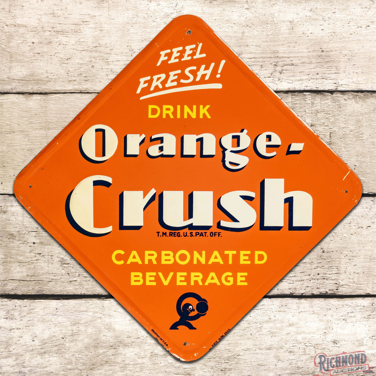 1939 Feel Fresh! Drink Orange Crush Carbonated Beverage Emb. Single Sided Tin Sign w/ Crushy: SST (Single Sided Tin) embossed self-framed sign has excellent color and shine. The field is very clean overall with light surface wear and minor paper marks. The perimeter has small paint chips,
