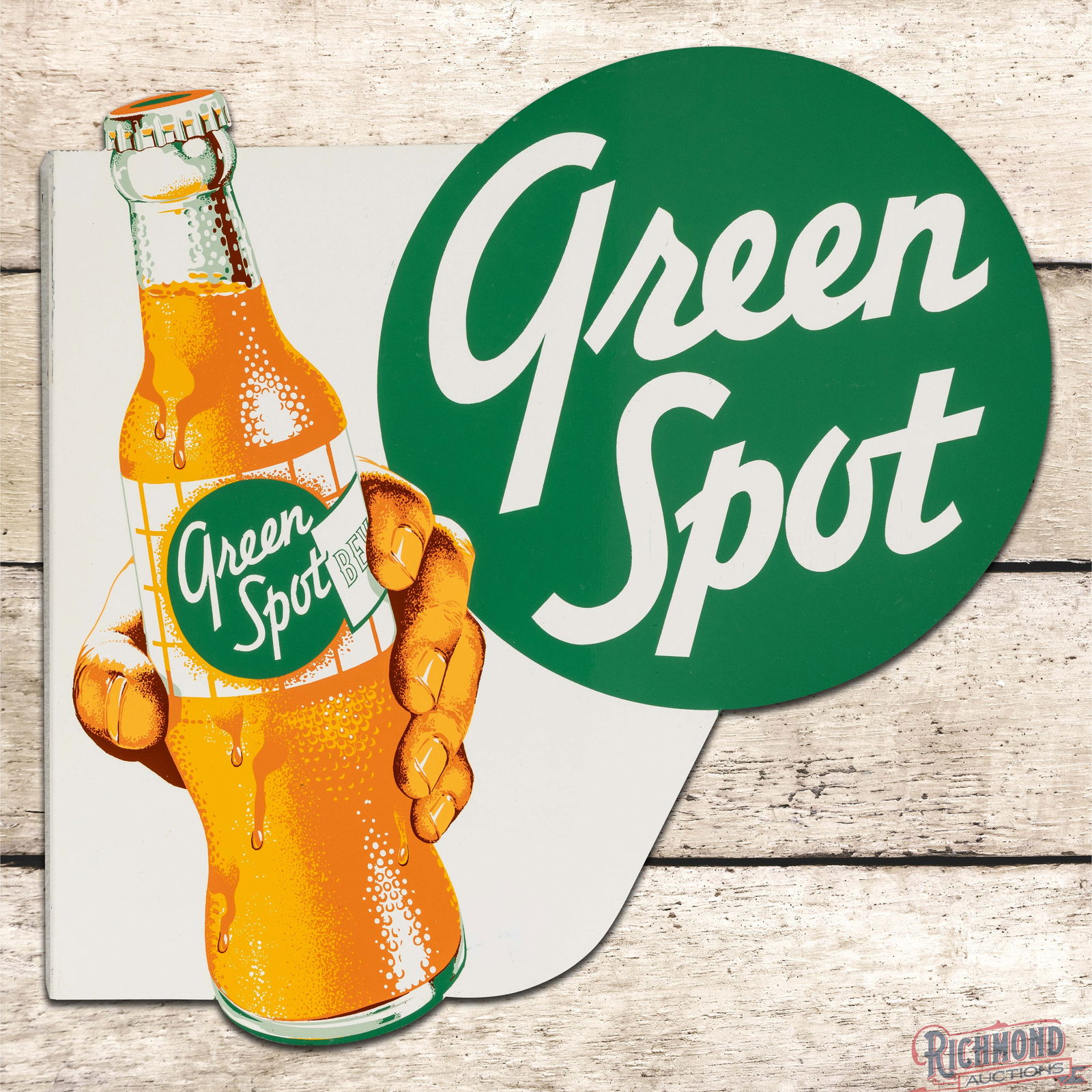 Excellent Green Spot Die Cut Double Sided Tin Flange Sign w/ Bottle & Hand: DST (Double Sided Tin) die cut flange has outstanding color and shine. The display has a clean field with minor surface imperfections and paint loss on the upper left edges. The reverse is in a simila
