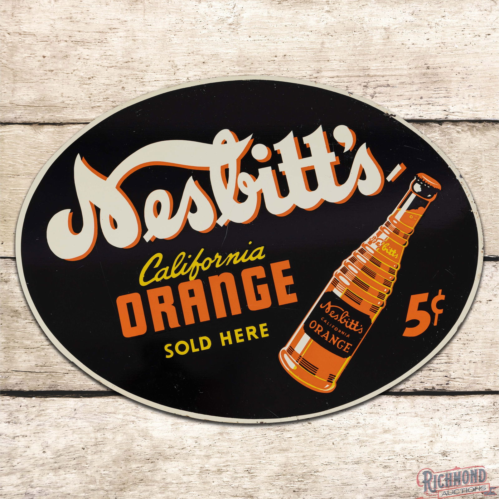 Nesbitt's California Orange Sold Here 5 Cents Die Cut Double Sided Tin Flange Sign w/ Bottle: DST (Double Sided Tin) die cut flange has very good color and shine. Side #1 has fine scratches with light wear in the fields and paint chips along the perimeter. The reverse has additional surface