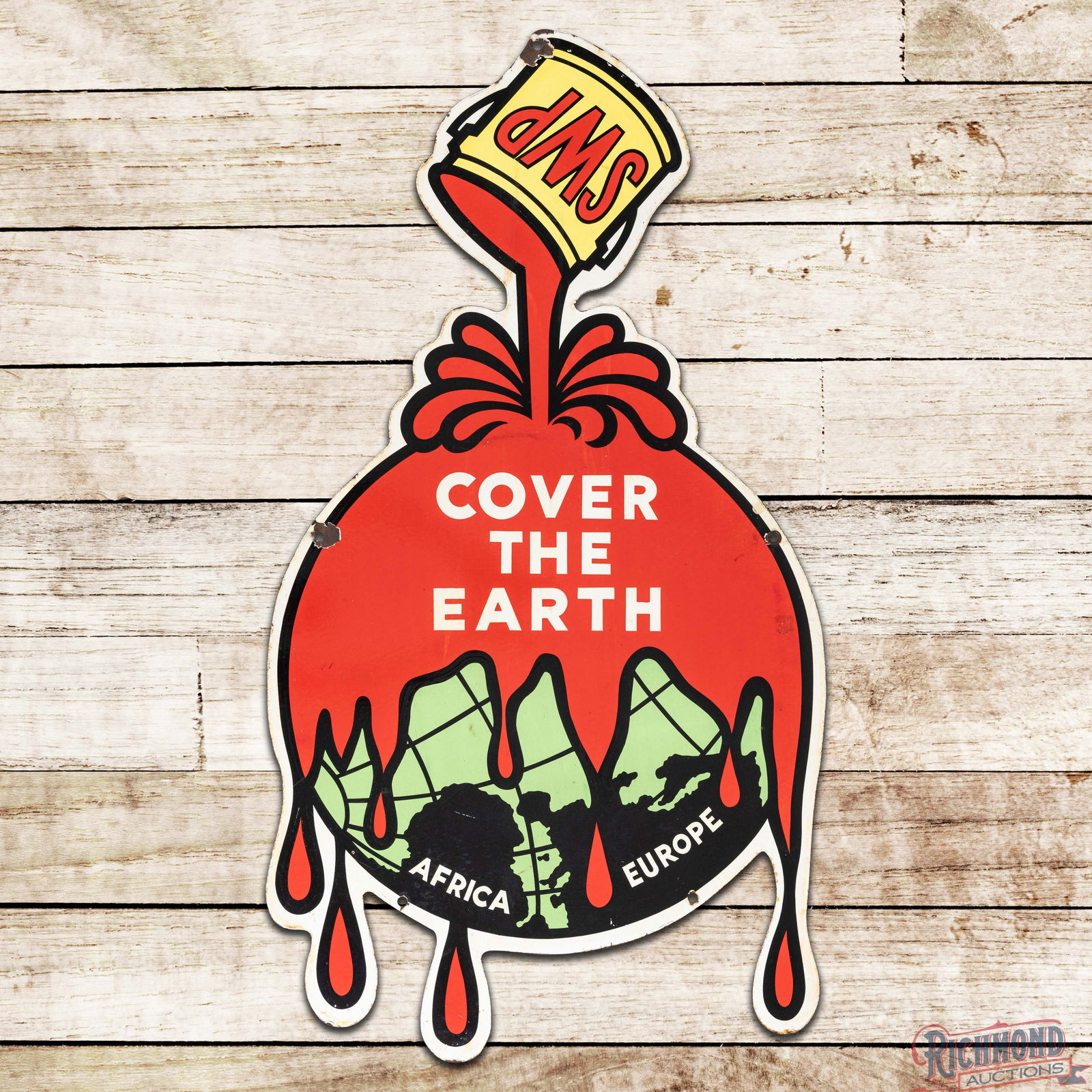 Sherwin Williams SWP Cover The Earth Die Cut Single Sided Porcelain Sign: SSP (Single Sided Porcelain) die cut sign has very good color and gloss. The field exhibits areas of surface wear, marks and discoloration. The perimeter has chips at the mounting holes with