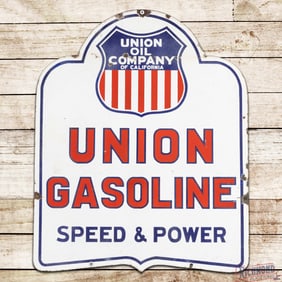 Union Oil Co. of California Gasoline Speed & Power Double Sided Porcelain Die Cut Sign w/ Logo