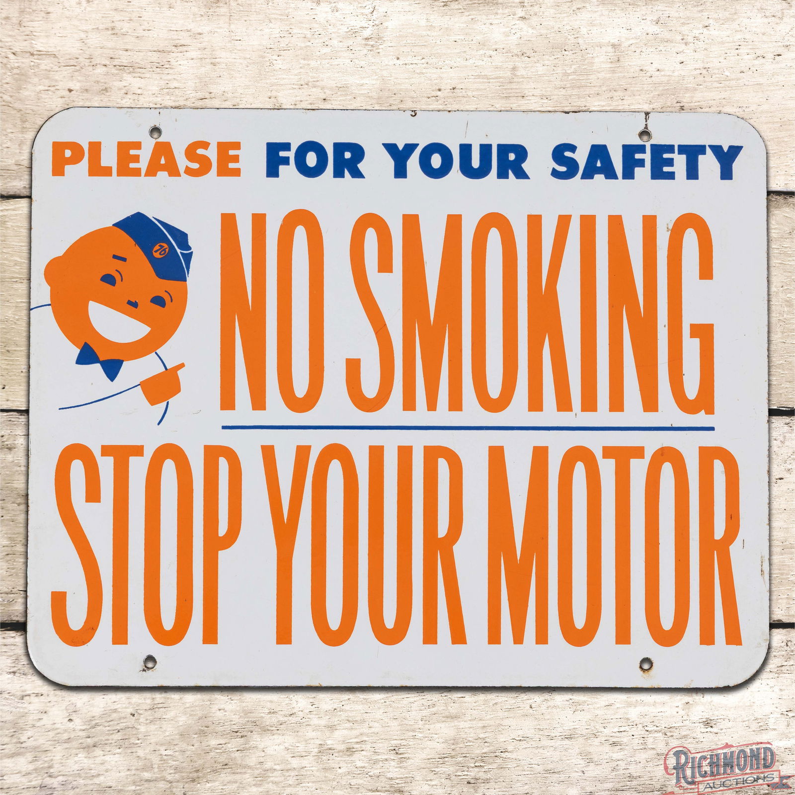 Fantastic Union 76 Please For Your Safety No Smoking Stop Your Motor SS Porcelain Sign w/ Speedy: SSP (Single Sided Porcelain) sign has excellent color and gloss. The field is clean with minor surface imperfections. The perimeter has light wear at the mounting holes with a small line chip on the