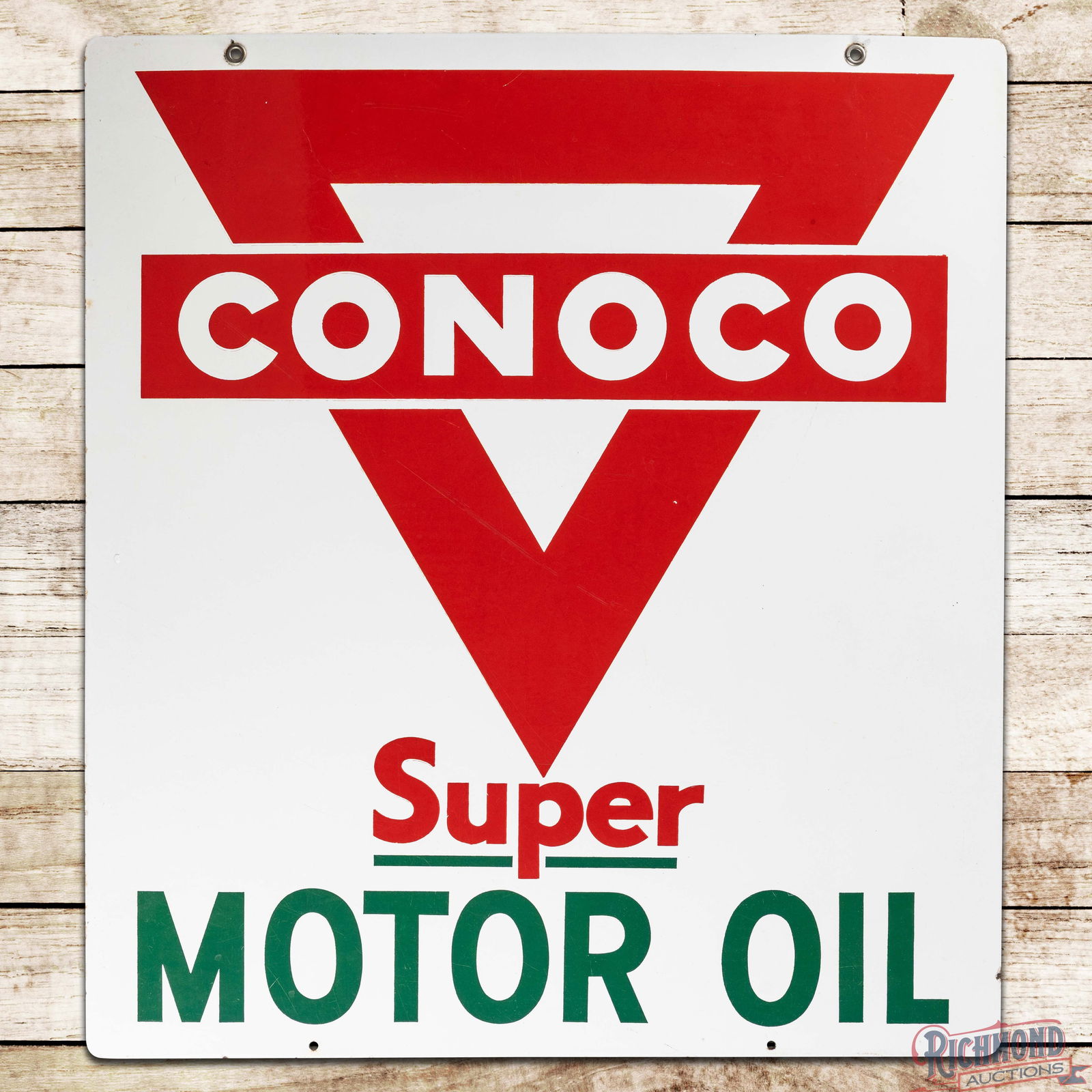 Conoco Super Motor Oil Double Sided Porcelain Sign w/ Logo: DSP (Double Sided Porcelain) sign has excellent color and gloss. Side #1 has a flea bite and marks in the logo with light wear and small chips along the perimeter. The reverse has additional surface