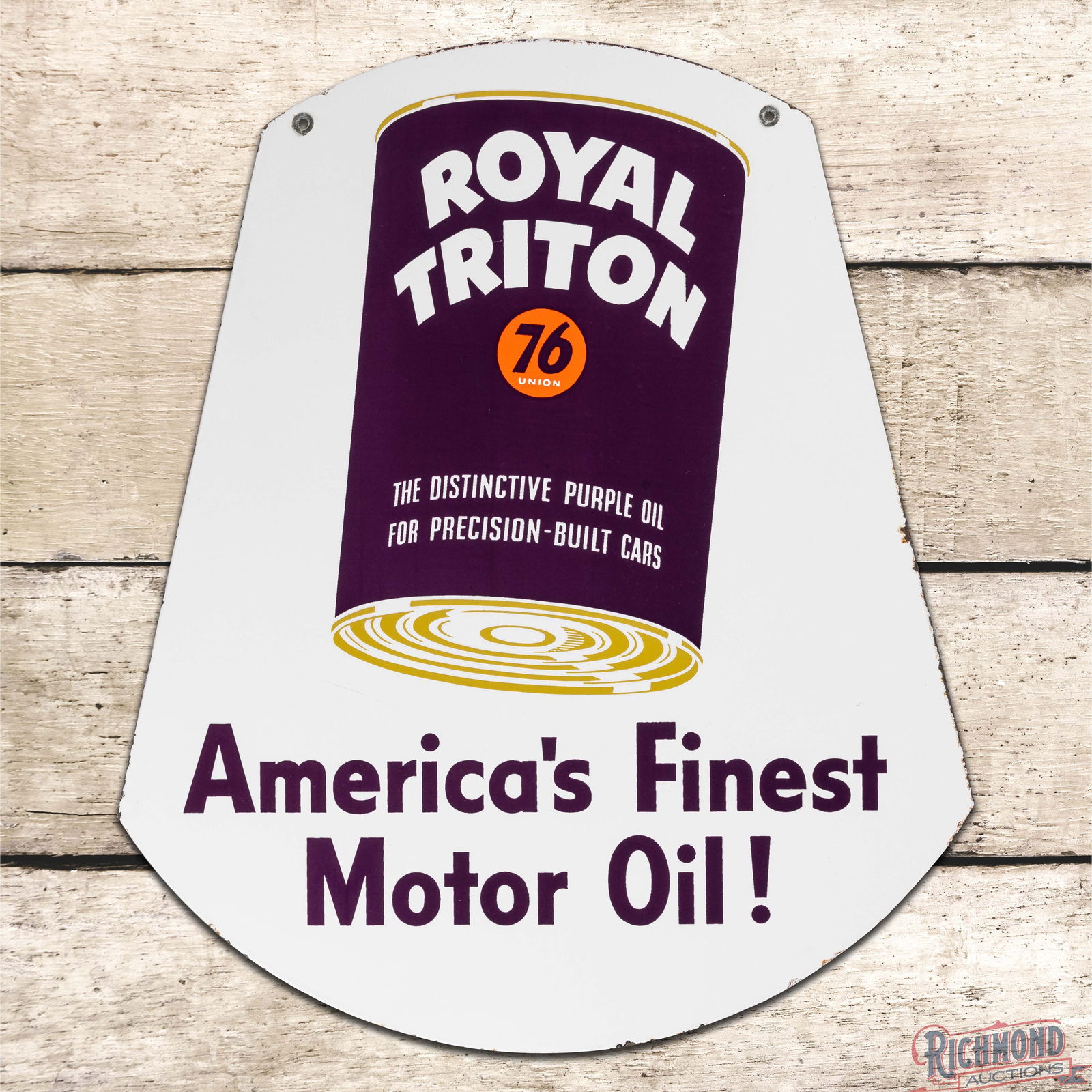 Amazing Royal Triton "America's Finest Motor Oil!" Union 76 DS Porcelain Sign w/ Quart Can Logo: DSP (Double Sided Porcelain) die cut sign has outstanding color and gloss. The display is exceptionally clean with minor surface imperfections and tiny chips along the outer edges. The reverse is