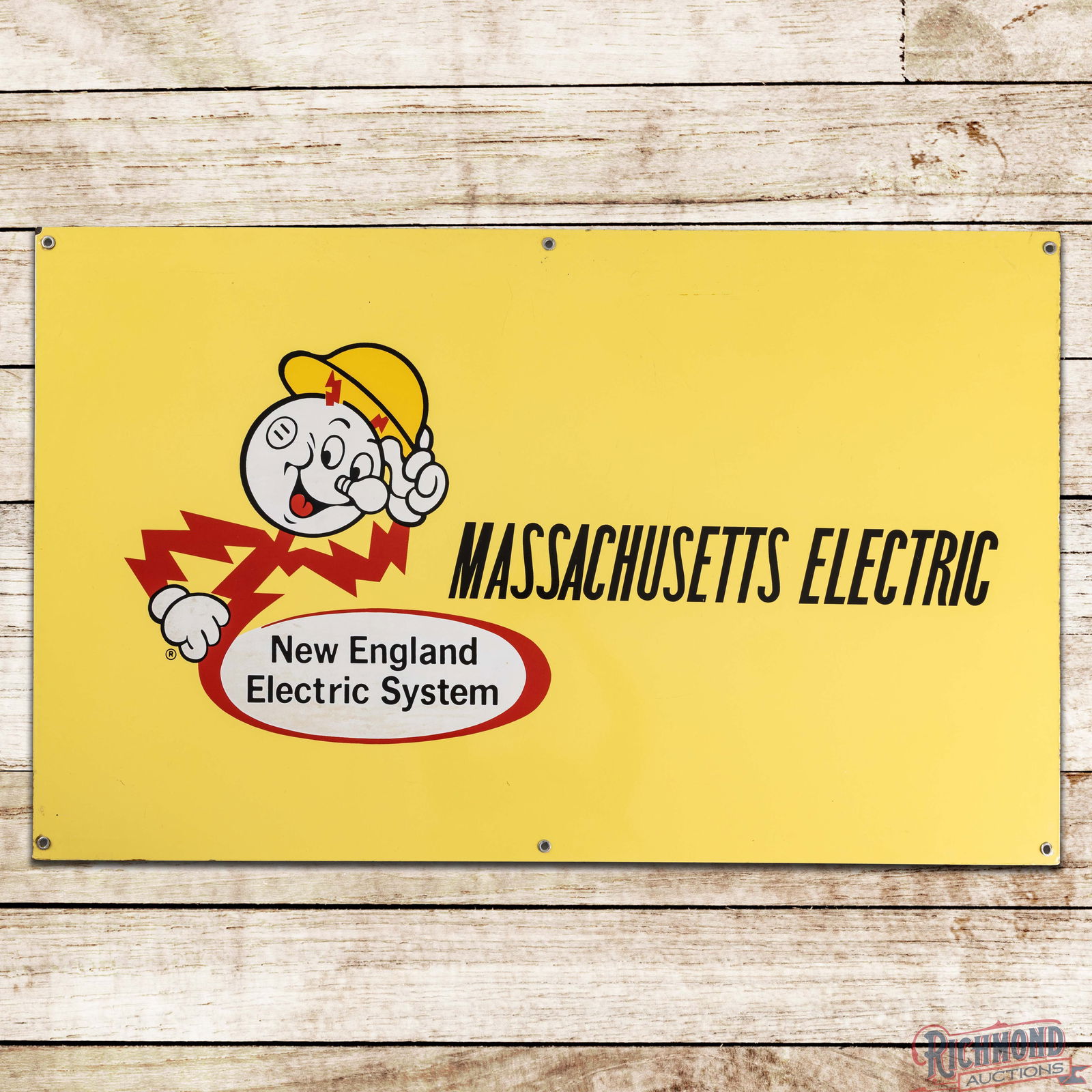 Massachusetts Electric New England System 4' Single Sided Porcelain Sign w/ Reddy Kilowatt: SSP (Single Sided Porcelain) sign has excellent color and gloss. The field has minor surface imperfections with discoloration to the white porcelain enamel in Reddy Kilowatt's hand and the back