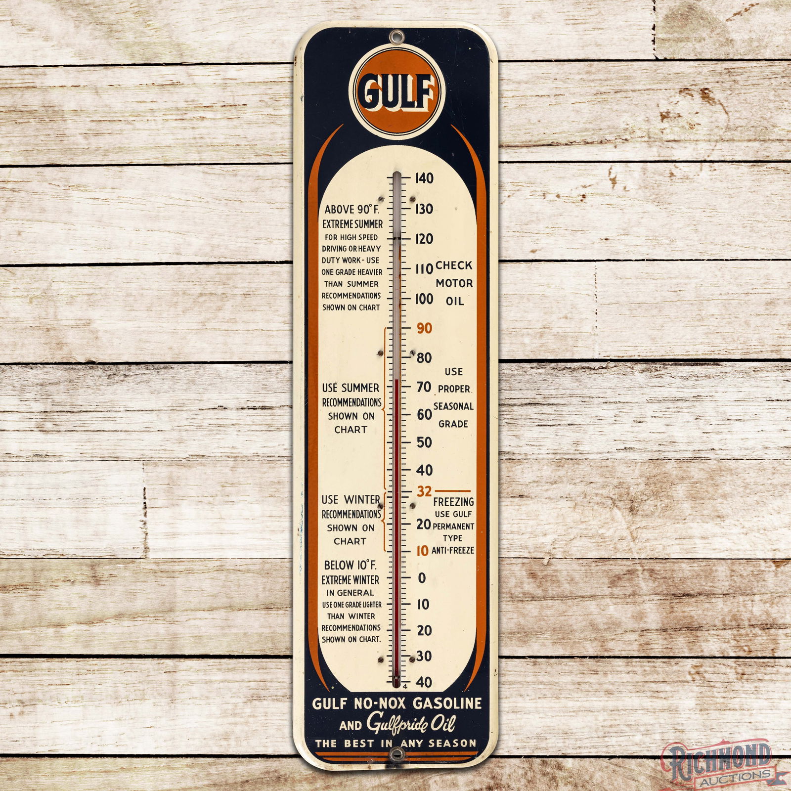 Gulf No-Nox Gasoline Gulfpride Oil "Best in Any Season" Single Sided Tin Thermometer w/ Logo: SST (Single Sided Tin) thermometer has excellent color and shine. The tube is intact and works correctly. The field has light wear with toning and minor discoloration. The perimeter has scuffs and
