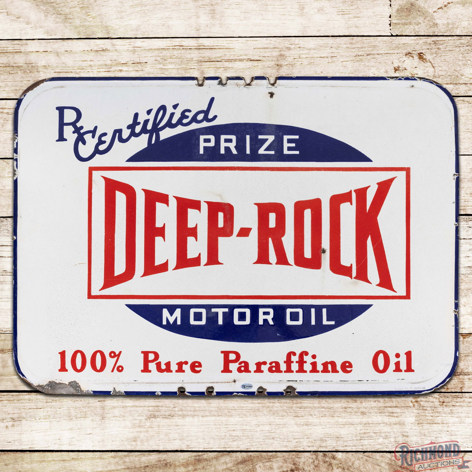 Deep Rock Prize Motor Oil 100% Pure Paraffine Double Sided Porcelain Sign: DSP (Double Sided Porcelain) sign has very good color and gloss. Side #1 has a small chip in the field with surface imperfections and bruises. The perimeter has additional chips with areas of