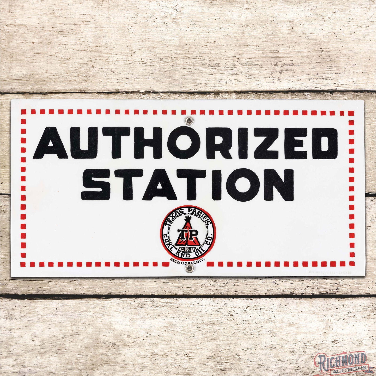 TP Texas Pacific Coal and Oil Co. Authorized Station Single Sided Porcelain Sign w/ Logo: SSP (Single Sided Porcelain) sign has been professionally restored. The sign features vibrant colors throughout with minor surface imperfections. Two grommets are present and the sign is marked