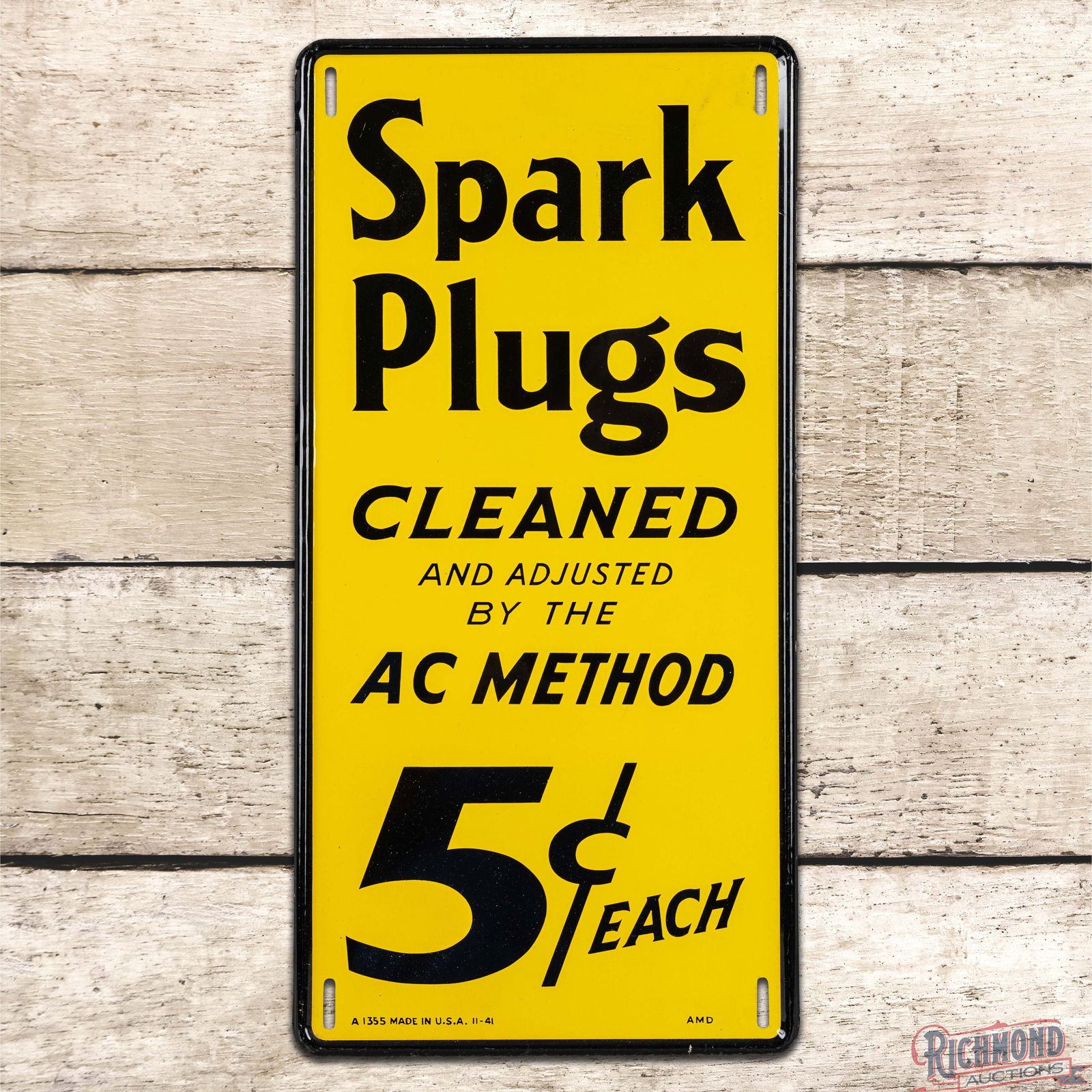 Superb 1941 Spark Plugs Cleaned and Adjusted by The AC Method 5 Cents Single Sided Tin Sign: SST (Single Sided Tin) self-framed sign has excellent color and shine. The field is clean. The perimeter has minor surface imperfections with small paint chips and light wear to the self-framed