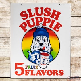Slush Puppie 5 Fruit Flavors Double Sided Tin Sign w/ Mascot Chilly Dog