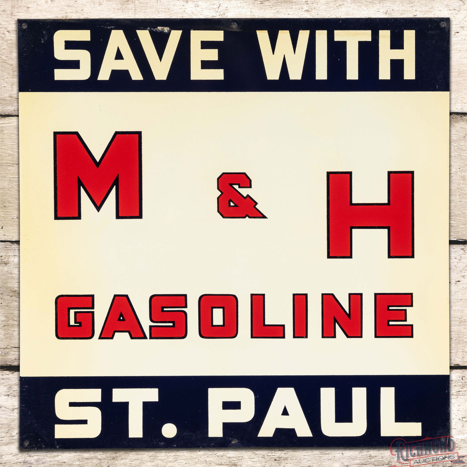 NOS Save With M&H Gasoline Single Sided Tin Sign "St. Paul": NOS (New Old Stock) SST (Single Sided Tin) sign has excellent color and shine. The field is clean with areas of toning to the cream painted background. The perimeter is very similar with paper residue