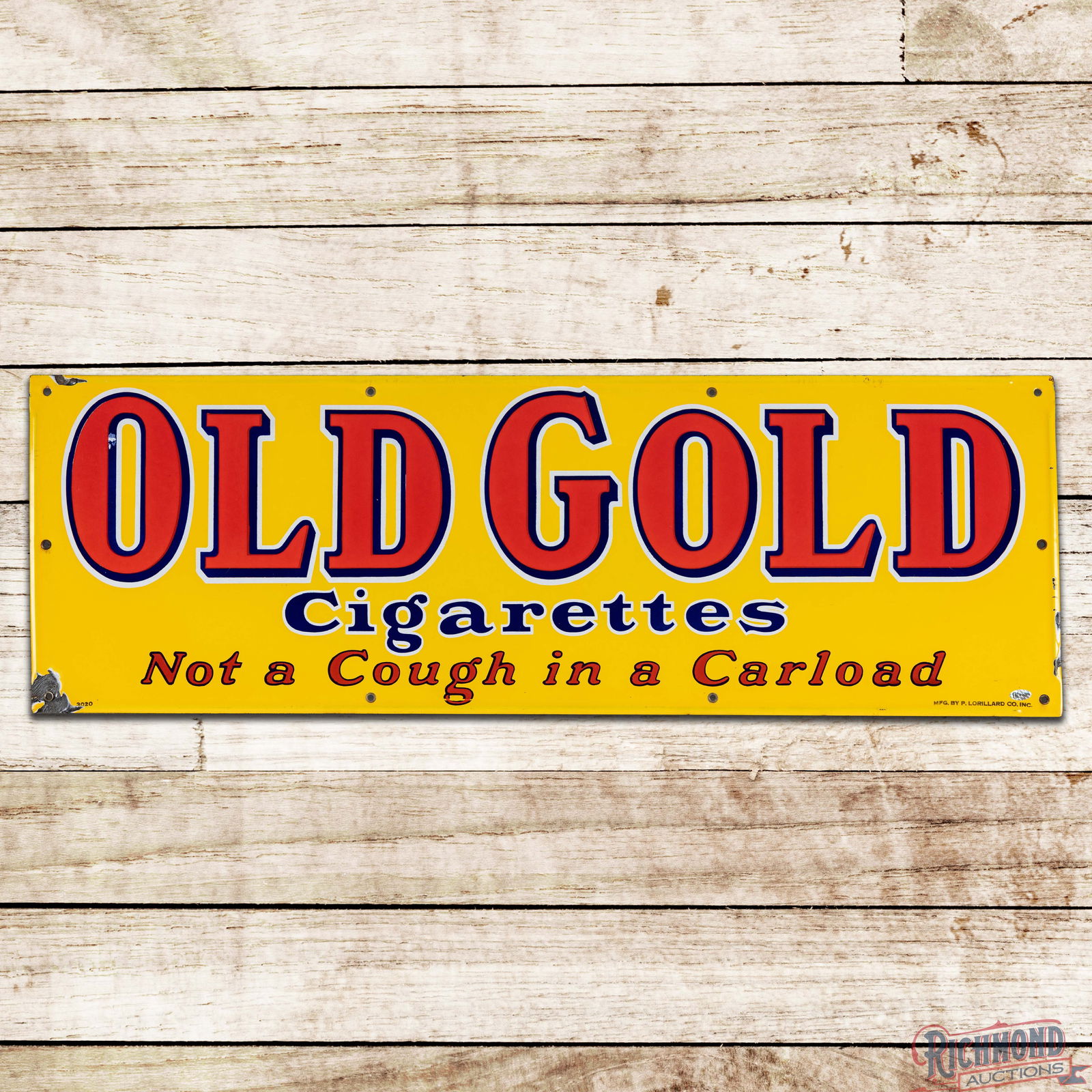 Old Gold Cigarettes "Not a Cough in a Carload" Single Sided Porcelain Sign: SSP (Single Sided Porcelain) self-framed sign has excellent color and gloss. The field is clean with a small manufacturer blemish in the "O" in the upper left outer field. The perimeter has chips alon