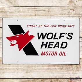Wolf's Head Motor Oil "Finest of the Fine Since 1879" 5' Emb. Single Sided Tin Sign