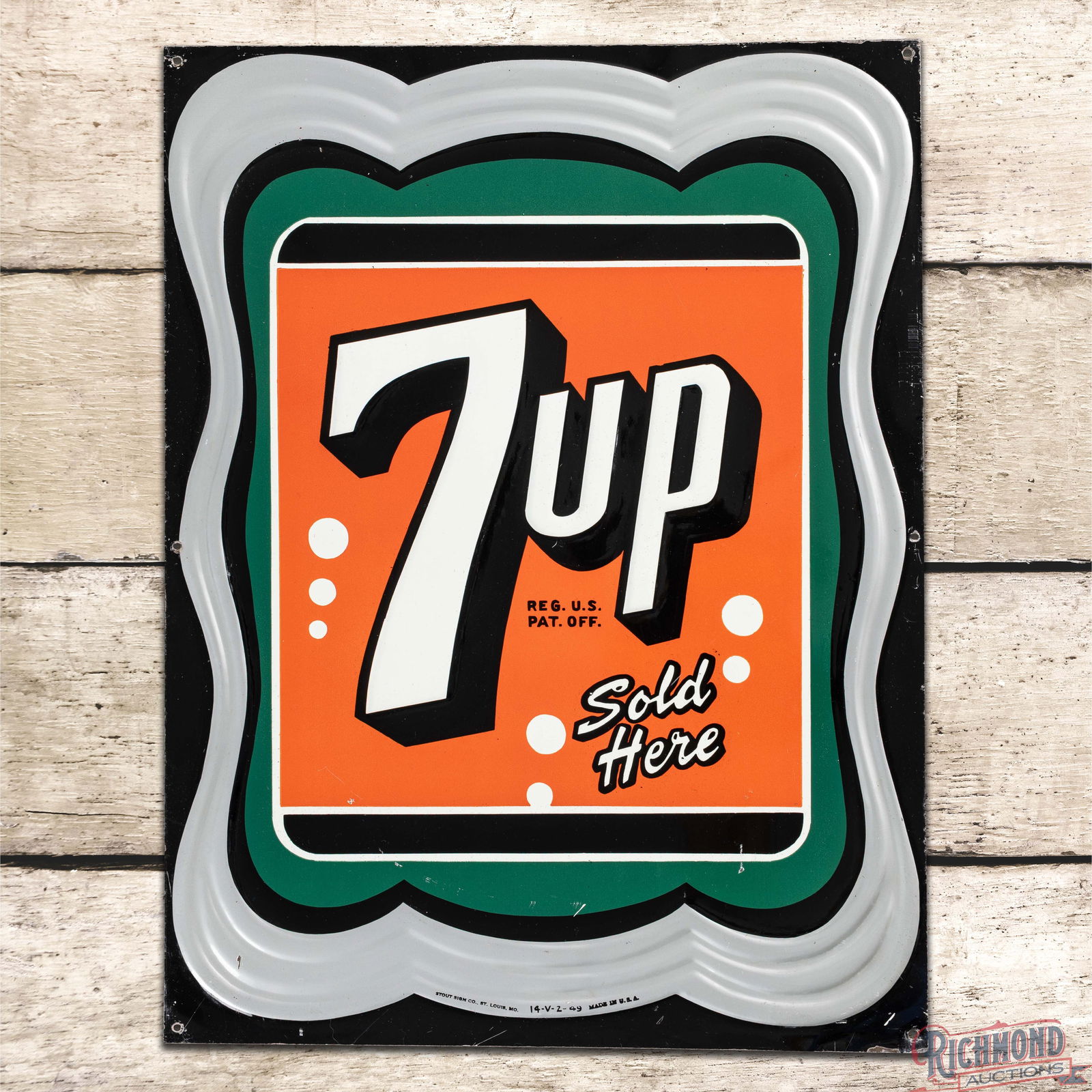 1949 7up "Sold Here" Emb. Single Sided Tin Sign w/ Logo (1 of 3)
